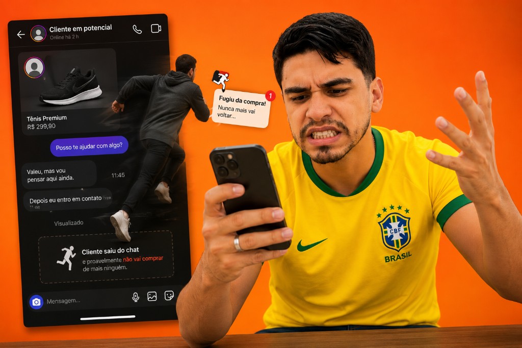 Lojista frustrado perdendo venda enquanto cliente abandona o chat
